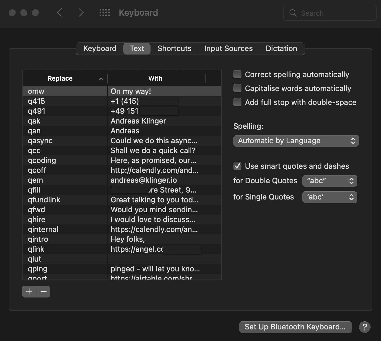 The text keyboard settings on Mac